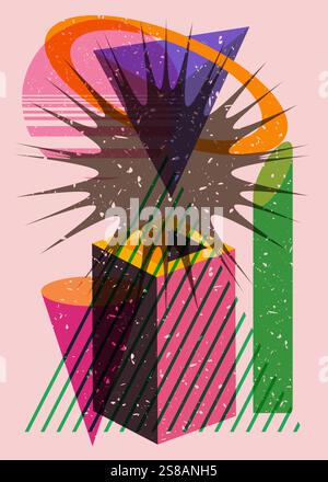 Colorful geometric shapes. Object in trendy riso graph design. Geometry elements abstract risograph print texture style. Stock Vector