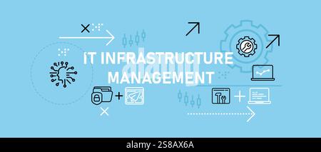 IT Infrastructure Management concept showcasing modern computing database networking system cybersecurity technology information strategy and design Stock Vector