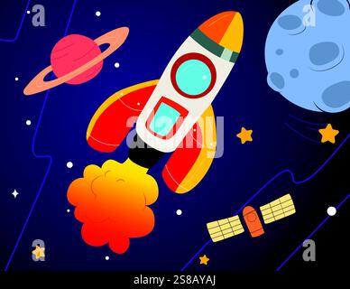 A vector illustration of Flying Rocket Near Planets Stock Vector