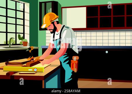 A vector illustration of Carpenter Making Kitchen Cabinet at Home Construction Stock Vector