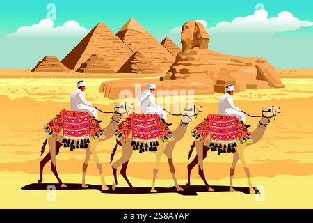 A vector illustration of Men Riding Camels in Front of Egypt Pyramid Stock Vector