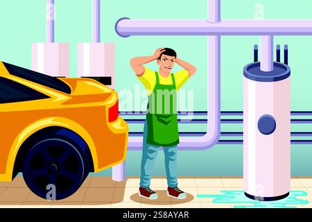 A vector illustration of Homeowner with Leaking Water Heater Tank in the Garage Stock Vector