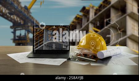 Engineer architect industry 4.0 using computer construction site, industrial and innovation infographic at building futuristic architect control innov Stock Photo