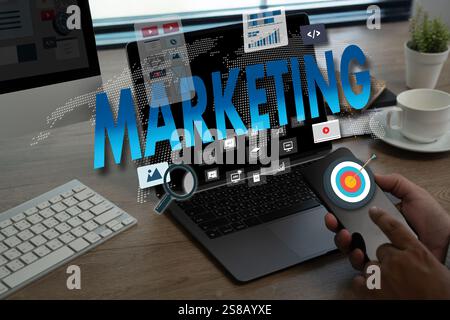DIGITAL MARKETING new startup project MILLENNIALS Business team hands at work with financial reports and a laptop Stock Photo