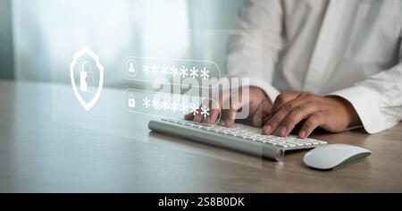 password security code to protect Businessman using laptop password concept. Lock icon data protection hacker Stock Photo