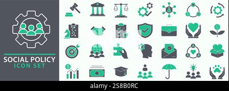 Social Policy web icons. Education, government, welfare, reforms, medicine, collection. Vector illustration. Stock Vector