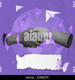 Supportive handshake on purple background with ribbons for awareness, 3D render illustration. Stock Vector