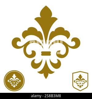 Gold royal lily on a white background. Heraldic sign, logo, design element, decoration. Graphic vector pattern. Stock Vector