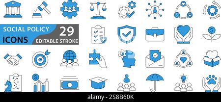 Social Policy web icons. Education, government, welfare, reforms, medicine, collection. Vector illustration. Stock Vector