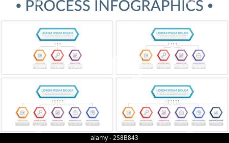 Four porcess infographic templates with 3, 4, 5 and 6 steps, vector eps10 illustration Stock Vector