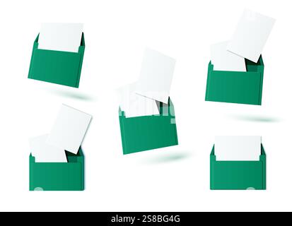 3D mail icons set isolated on white with shadows. Vector realistic illustration of open green envelopes with blank letter sheets, greeting card mockups, business message notification, email symbols Stock Vector