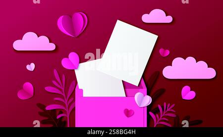 3d love letter composition - pink envelope with blank white papers, papercut hearts, clouds in rose colors, decorative leaves on burgundy background. Mothers or Valentine day greeting card design. Stock Vector