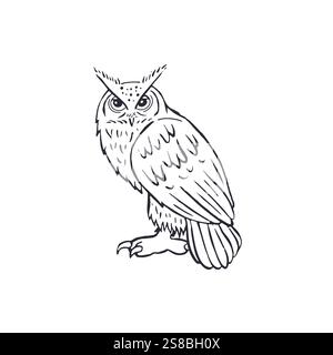 Hand drawn black and white line art eagle-owl standing isolated on white background Stock Vector