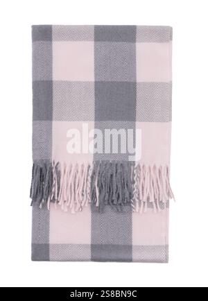 Neatly folded plaid or scarf with checkered pattern in pastel pale pink and gray colors isolated on white background Stock Photo