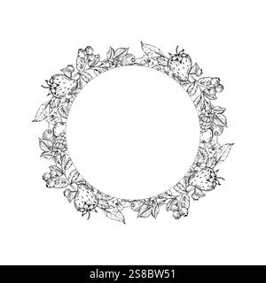 Berries vector wreath hand drawn in ink. Round frame  Stock Vector