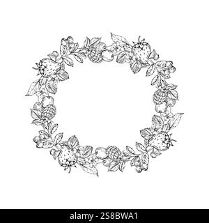 Raspberry vector black and white wreath hand drawn with ink Stock Vector
