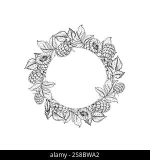 Raspberry vector black and white wreath hand drawn with ink Stock Vector