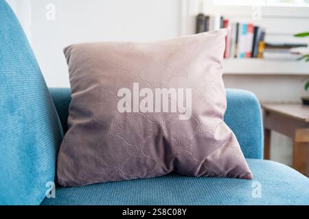 Puffed up pillow on a light blue fabric couch corner. Close up wide angle view, shallow depth of field, natural window light, blurry books shelf in th Stock Photo