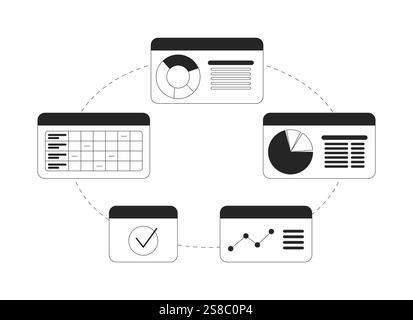 Interconnected circular business dashboard workflow black and white 2D line object Stock Vector
