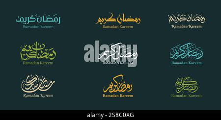 Ramadan Kareem Arabic Islamic Calligraphy in different styles. Ramadan Mubarak Vector Typography art for festive design, and creative projects. Stock Vector