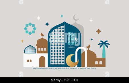 Ramadan Kareem banner design with mosque, crescent moon, stars, and typography in flat geometric style. Elegant and modern Ramadan Mubarak design Stock Vector