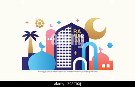 Ramadan Kareem minimal design with mosque, crescent moon, stars, and typography in a flat geometric style. Elegant, modern Ramadan Mubarak design. Stock Vector