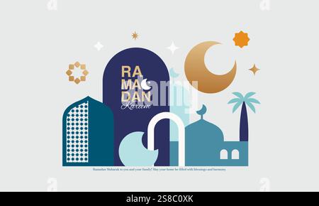Ramadan Kareem minimal design with mosque, crescent moon, stars, and typography in a flat geometric style. Elegant, modern Ramadan Mubarak design. Stock Vector
