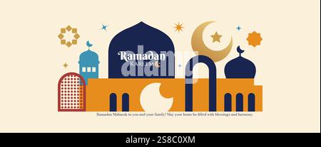 Ramadan Kareem minimal design with mosque, crescent moon, stars, and typography in a flat geometric style. Elegant, modern Ramadan Mubarak design. Stock Vector
