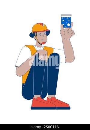 Hispanic male worker inspecting water sample in beaker 2D cartoon character Stock Vector