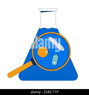 Magnified microorganisms in flask with water 2D cartoon object Stock Vector