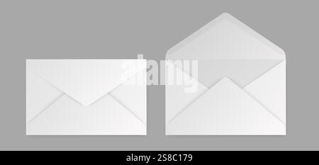 Set of realistic white envelopes in different positions. Folded and unfolded envelope backpack isolated Stock Vector