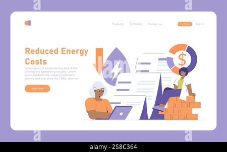 Energy savings concept. Professionals managing finances to reduce electricity expenses. Renewable resources for cost-efficient power. Vector illustration. Stock Vector