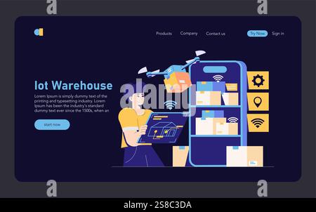 Logistics Automation concept. Digital transformation in warehouse operations with IoT and drones. Streamlined inventory control using technology. Vector illustration. Stock Vector