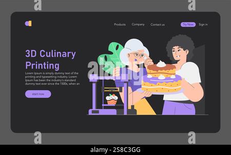 3D Culinary Printing concept. Innovators using a food printer create a multi-layered cake, showcasing modern cooking technology. Vector illustration. Stock Vector