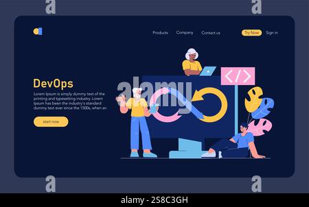 DevOps concept. Illustration showing professionals managing software development and operations workflow. Efficient teamwork, continuous integration, and deployment. Vector illustration. Stock Vector