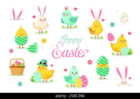 Colorful easter themed vector illustration with cute chicks birds. Happy Easter concept. Stock Vector