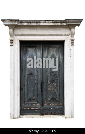 An ornate double wooden door with weathered paint set in a marble frame isolated on white Stock Photo