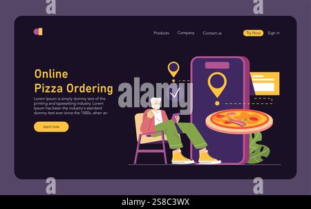 Online Pizza Ordering concept. Digital platforms enhance the convenience of ordering pizza. The image shows a person using a phone for delivery, symbolizing modern dining. Vector illustration. Stock Vector