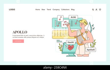 Olympic Gods AI Synergy concept. Apollo integrates art and healing into digital platforms. Myths blend with modern technology in graphic design. Vector illustration. Stock Vector