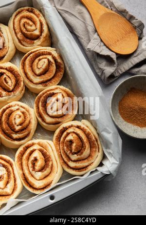 Raw cinnamon rolls sprinkled with cinnamon powder, prepared for baking, with brown sugar and wooden spoon Stock Photo