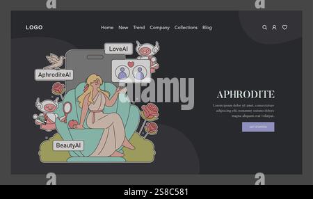 Olympic Gods Synergy AI concept. Modern twist on Aphrodite with AI elements in a web interface design. Mythology meets technology in a unique fusion. Vector illustration. Stock Vector