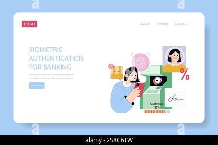 Biometric Authentication concept. Secure user verification for digital banking with facial and fingerprint recognition. Modern finance safety, personal identity protection. Vector illustration. Stock Vector