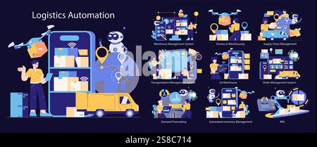 Logistics Automation concept. Integration of AI, drones, and digital systems in modern supply chain management. Enhancing efficiency in warehouse and transportation systems. Vector illustration. Stock Vector