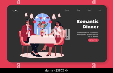 Valentine's Day romantic dinner scene. A couple enjoys a cozy evening, complete with wine and flowers. The setting features candles and festive decorations, creating an intimate atmosphere. Perfect for celebrating love. Vector illustration. Stock Vector