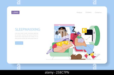 Sleepmaxxing concept. A serene illustration showcasing people and pets enjoying a restful sleep, with a smartwatch monitoring rest quality. Vector illustration. Stock Vector