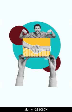 Creative design composite trend artwork collage of sign gesture body language hand hold laptop display handshake success partnership Stock Photo