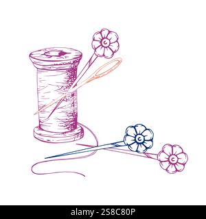 Wooden red thread spool skein bobbin, pin needles. Hand drawn ink vector illustration sewing craft embroidery supplies. Composition isolated on white Stock Vector
