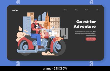 Midlife Crisis concept. Mature man on a motorcycle seeks adventure in the city. Embracing freedom, breaking routine, personal growth journey. Vector illustration. Stock Vector