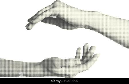 Collage halftone elements with hands. Care, insurance, security fingers gesture. Cut out shapes. Polka dots texture. Modern vintage trendy design Stock Vector
