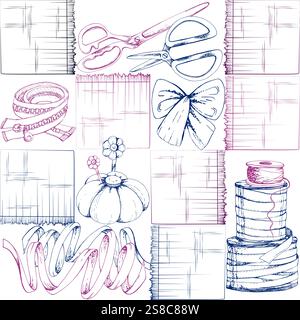 Fabric scissors pin cushion, ribbon bobbins bow, zipper, indigo red. Hand drawn ink vector illustration sewing craft supplies. Seamless pattern Stock Vector